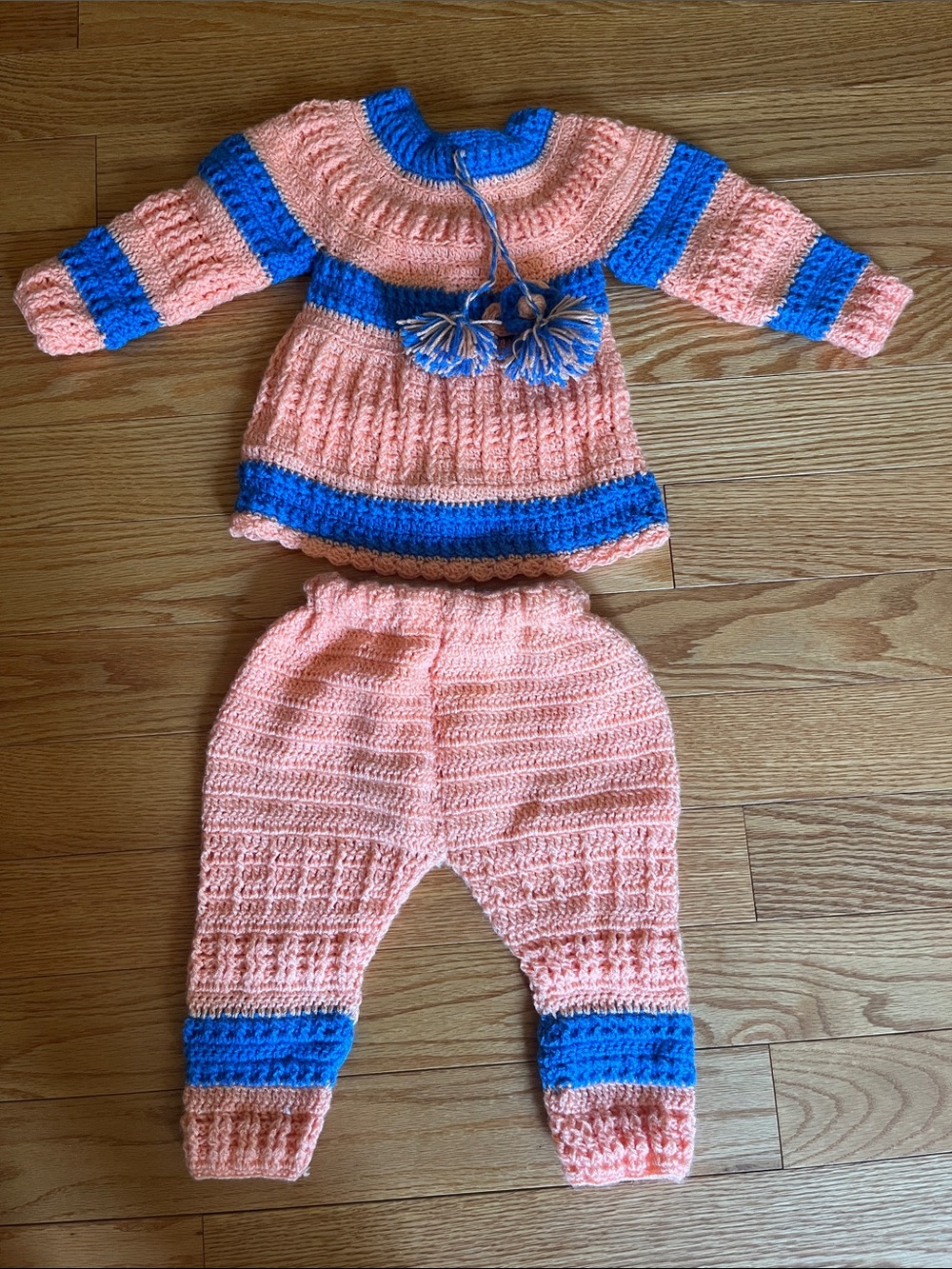 Handmade Peach & Blue Crochet Baby fall/winter 2 pc Outfit.
